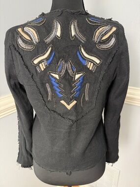 IRO Black Jacket with Blue and Cream Embroidered Back Detail. Nice condition